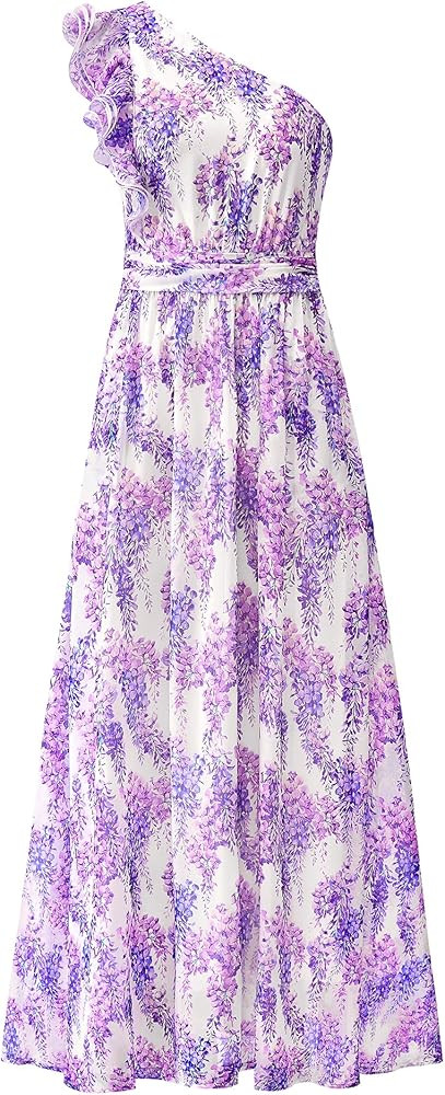 BTFBM Women Summer One Shoulder Floral Wedding Guest Dresses Sleeveless Smocked Ruffle Flowy Beac... | Amazon (US)