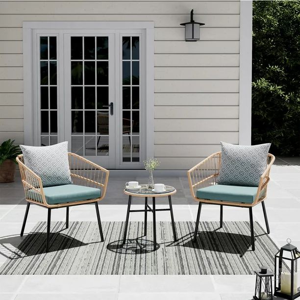 3 Pieces Patio Wicker Conversation Chair Set, Outdoor Furniture Seating with Table & Cushions for... | Walmart (US)