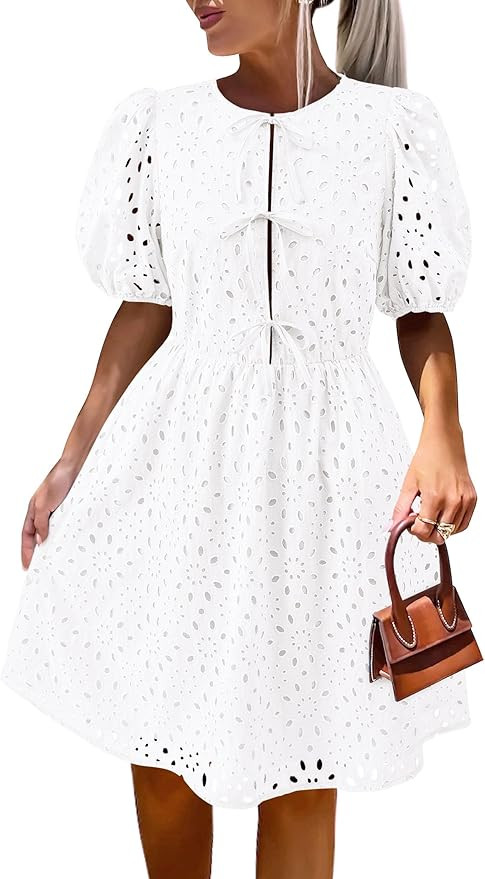 KIRUNDO Womens Boho Summer Dresses 2025 Puff Sleeve Eyelet Tie Front Hollow Out Lace Cotton Beach... | Amazon (US)