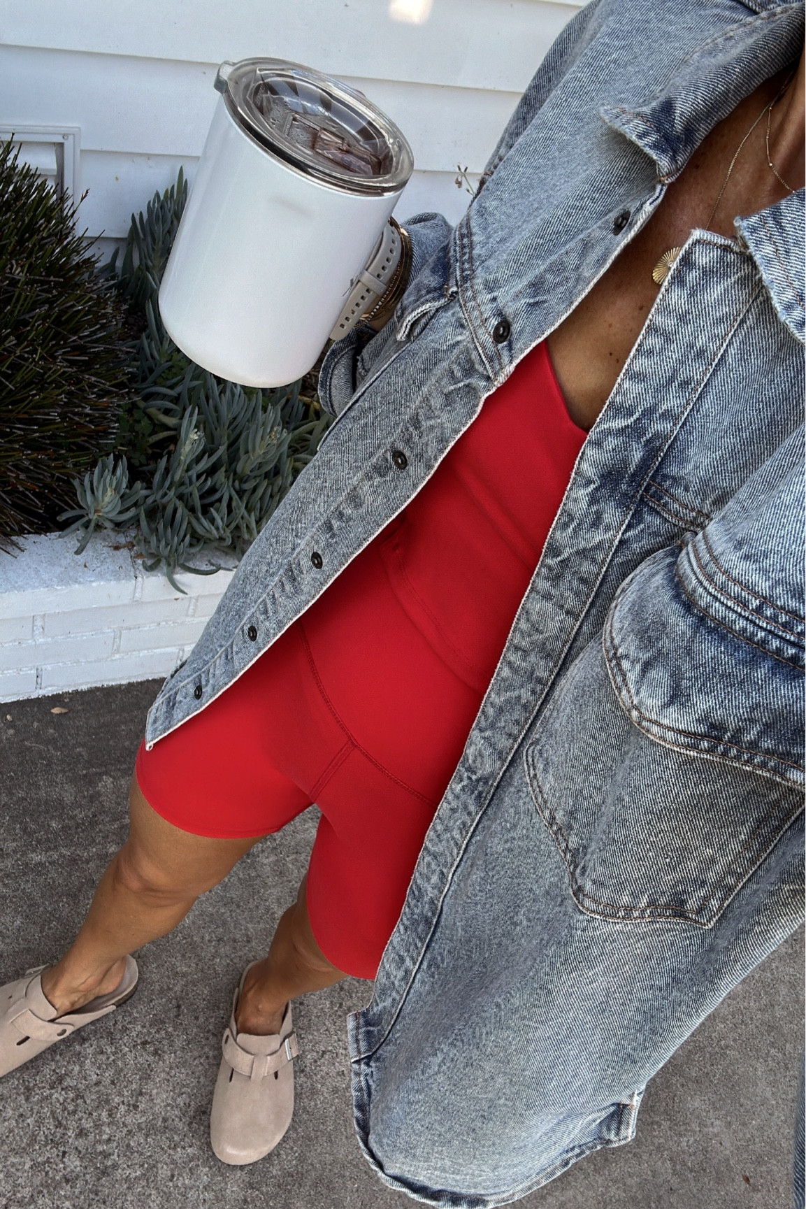 Workout to school drop 
Red shorts and tank are tts and so soft 
Wearing an Xs in this oversized shirt jacket (no need to size up) 
Suede clogs are *so* comfortable/ like walking on clouds and I’m a 6.5 wearing a 7. Will work with a sock in cooler months 

#LTKOver40