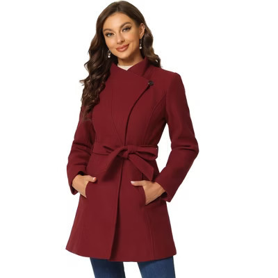 INSPIRE CHIC Women's Classic Stand Collar Long Sleeve Winter Belted Long Coat Medium Dark Red | Target