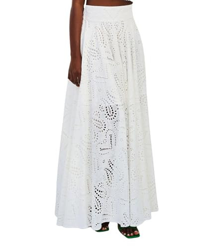 chouyatou Women's Hollow Out Eyelet Maxi Boho Skirt Back Smocked Waist Lace Floral Flowy Long Skirt with Pockets (Large, White) | Amazon (US)