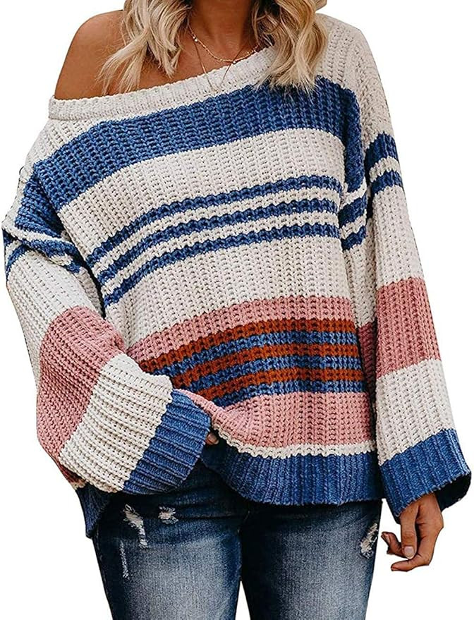ZESICA Women's Long Sleeve Crew Neck Striped Color Block Casual Loose Knitted Pullover Sweater To... | Amazon (US)