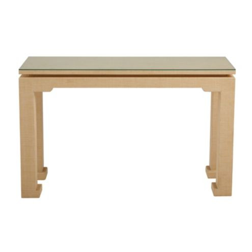 BW Raffia Console Table with Glass Topper & Geometric Feet for Living Spaces | Ballard Designs, Inc.