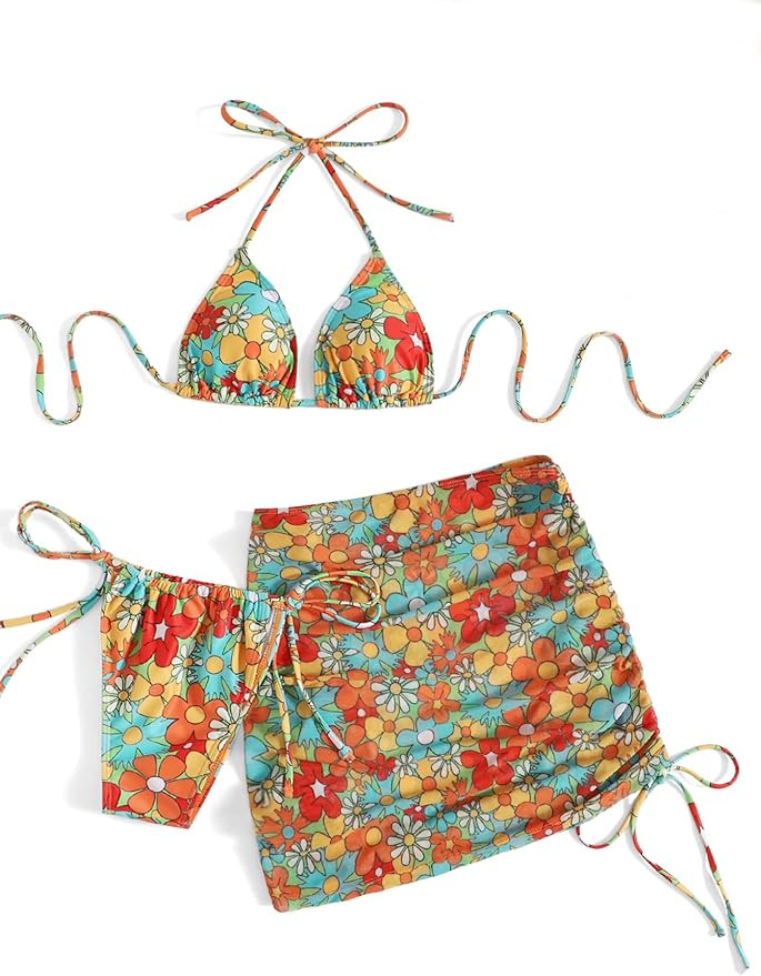 SOLY HUX Women's 3 Piece Swimsuits Floral Print Triangle Halter Bikini with Cover Up Beach Skirt | Amazon (US)