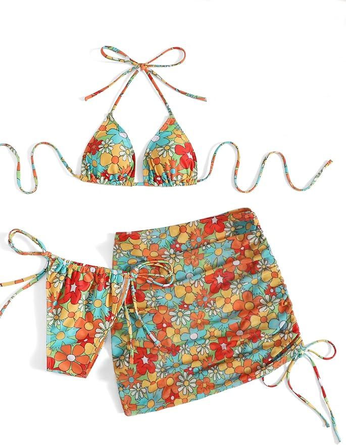 SOLY HUX Women's 3 Piece Swimsuits Floral Print Triangle Halter Bikini with Cover Up Beach Skirt | Amazon (US)