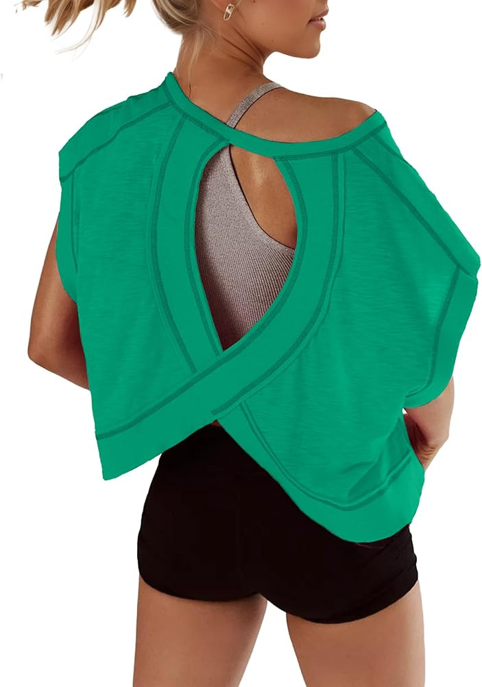 Kumufenc Women Short Sleeve Workout Shirts Open Back Tops Casual Yoga Y2k Athletic Gym Slouchy Cr... | Amazon (US)