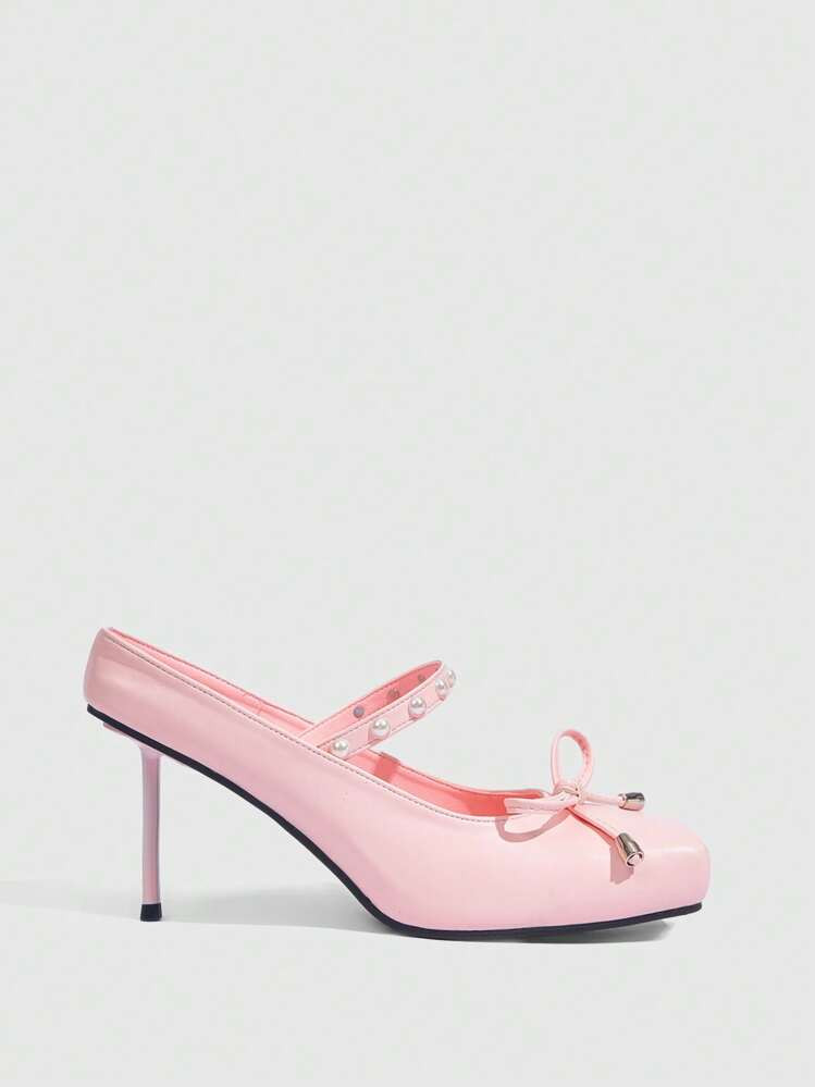 Cuccoo CUCCOO GRLICON Women's High Heel Square Toe Faux Pearl Mary Jane Pump Shoes, Pink New Year... | SHEIN