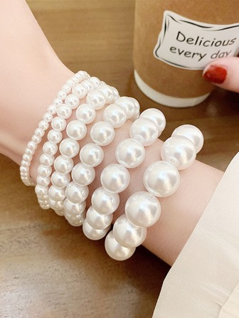 6pcs/Set French Style Vintage Faux Pearl Beaded Bracelet Set | SHEIN