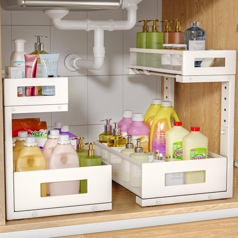 2-Pack Under Sink Storage Organizer, Large 2-Tier Elegant Mesh Pull Out Shelf for Kitchen and Bat... | Amazon (US)