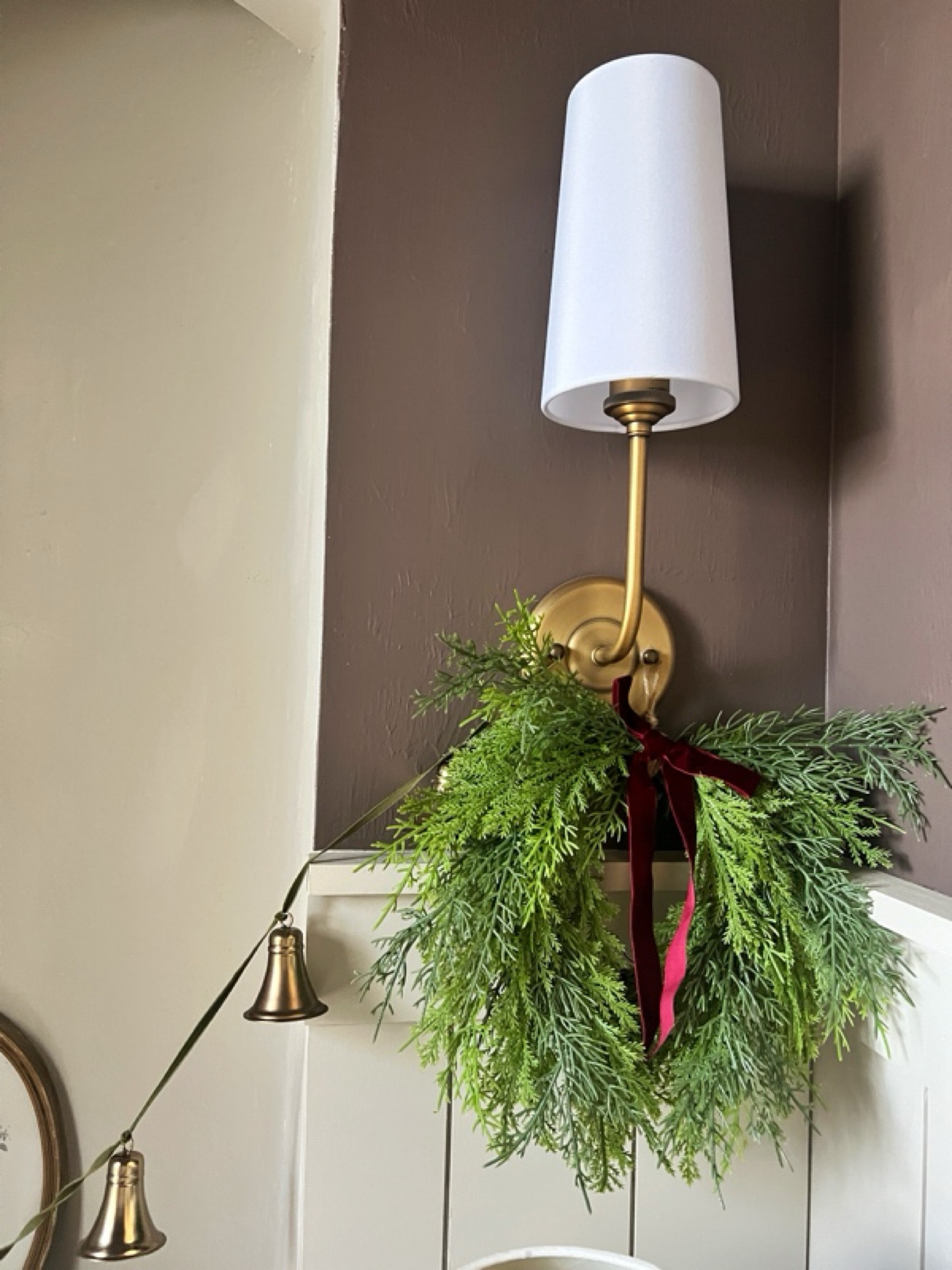These faux Cedar mini wreaths with dark burgundy velvet ribbon won’t last long! The finish on these brass bells is 🫶🏻. They are strung on a gorgeous green velvet ribbon  

#LTKHome #LTKHoliday #LTKSeasonal