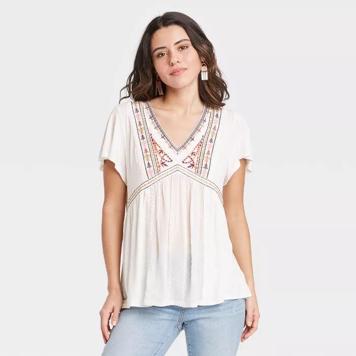 Women's Short Sleeve Embroidered Knit Top - Knox Rose™ | Target