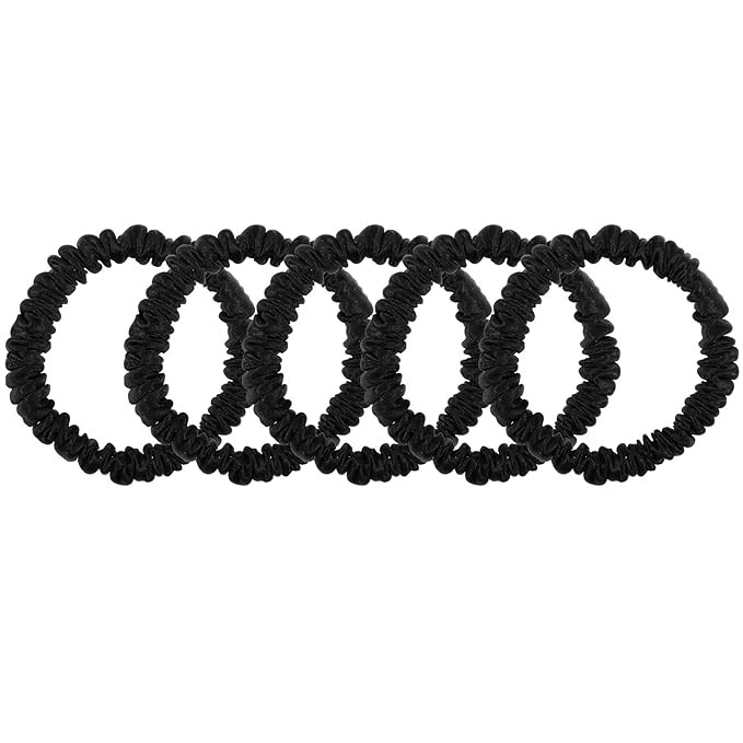 5 Pcs Silk Hair Ties, 100% Pure Mulberry Silk Hair Scrunchies Black Skinny Scrunchies Ponytail Ho... | Amazon (US)