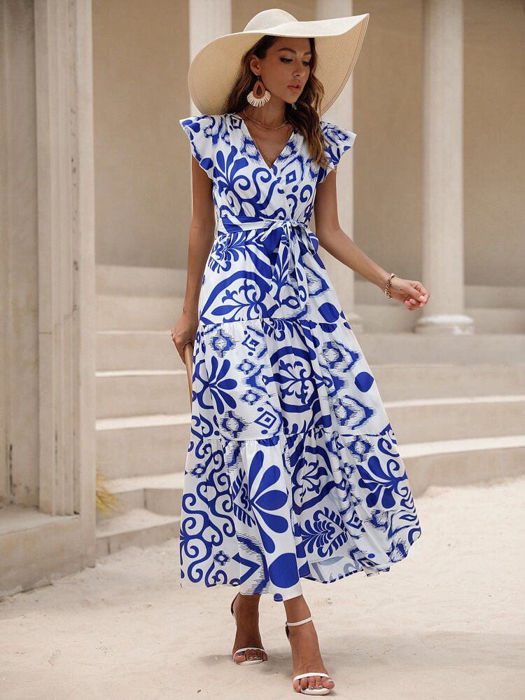 Allover Print Butterfly Sleeve Ruffle Hem Belted Dress | SHEIN
