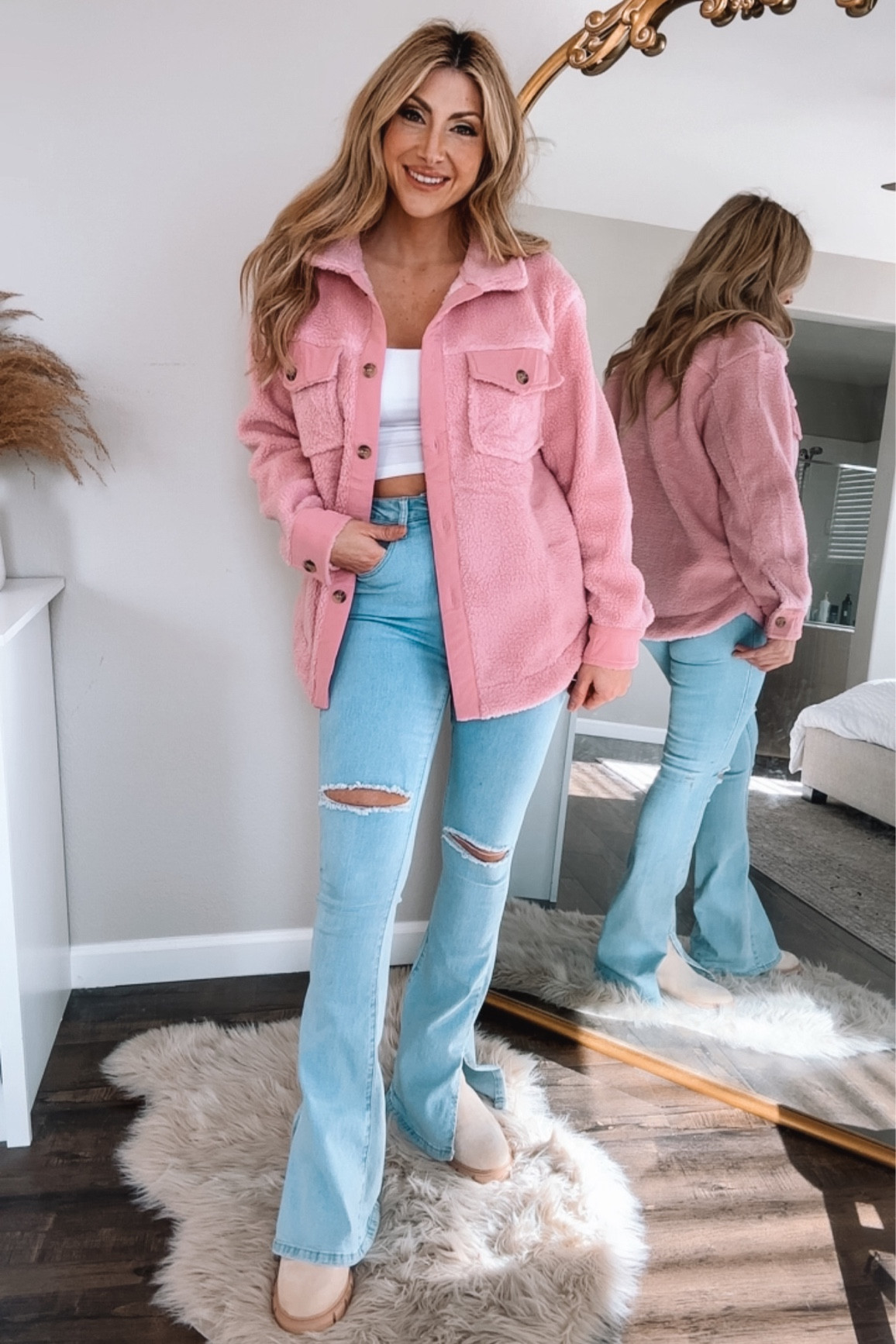 cute pink valentine’s day outfit. casual outfit, pink shacket, pink sherpa, split hem jeans, valentine’s day outfit. mom outfit 

#LTKstyletip #LTKMostLoved #LTKfindsunder50