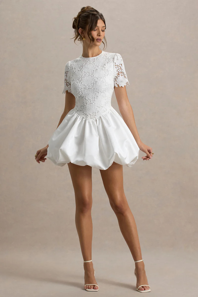 Taffy | White Lace Mini Dress With Satin Puffball Skirt | Club L London