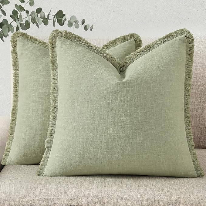 decorUhome Spring Decorative Neutral Linen Fringe Throw Pillow Covers Set of 2 Sage Green Pillow ... | Amazon (US)