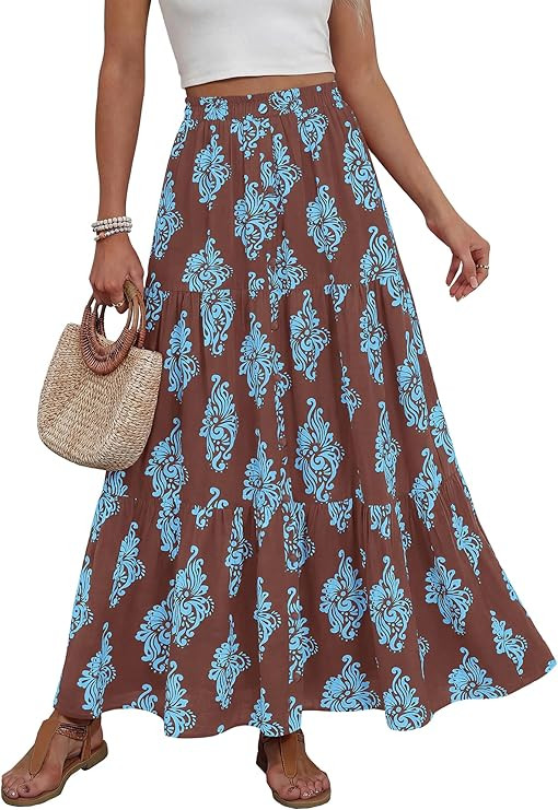 BTFBM Long Skirts for Women Summer 2026 Elastic High Waist Flowy A Line Casual Boho Tiered Floral... | Amazon (US)