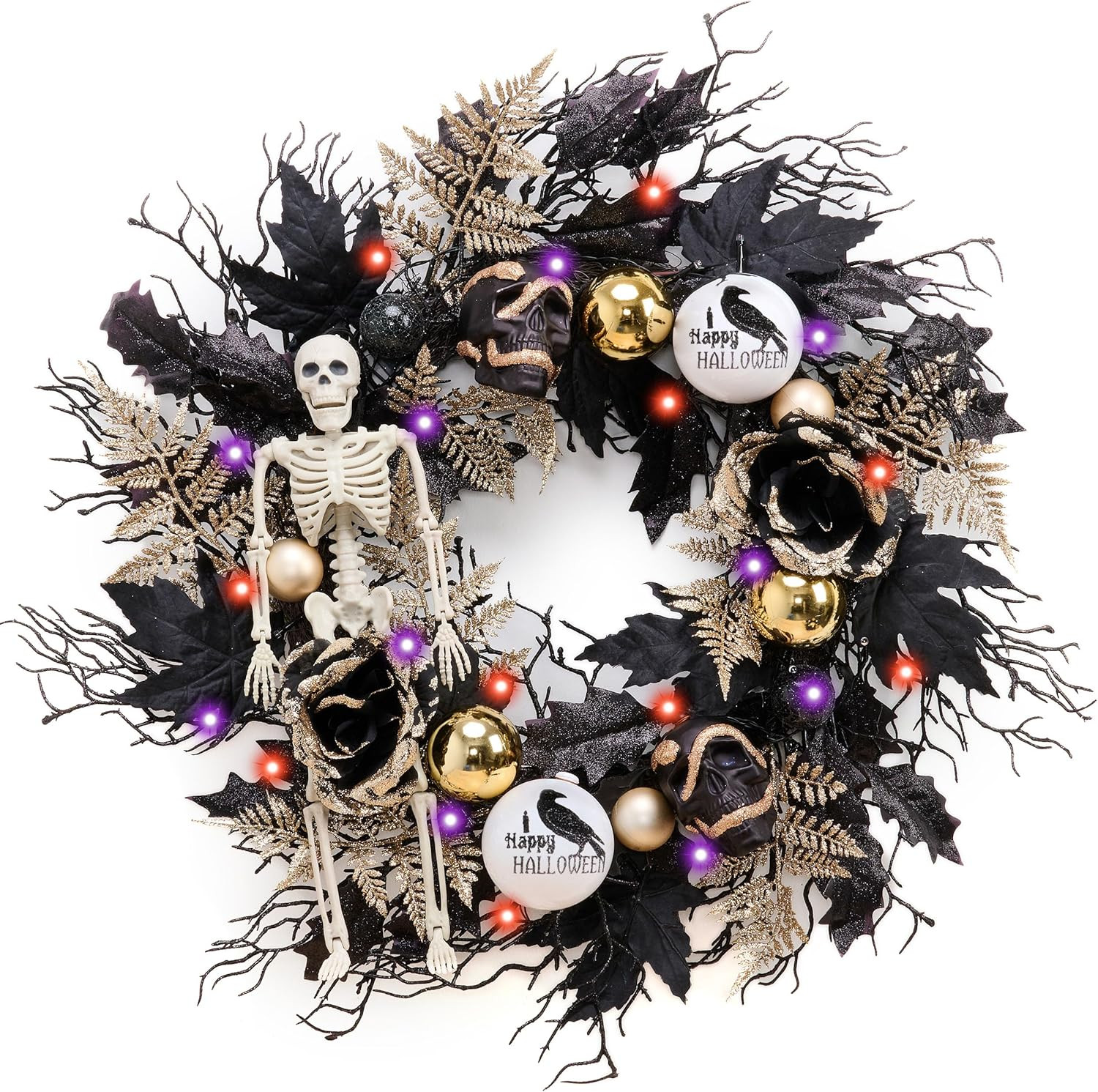 DecorbyHannah Halloween Wreath, 24 Inch Halloween Door Wreath with Lights, Black Gold Halloween Decorations with Scary Skull Skeleton Ornaments for Porch Window Outdoor Indoor Home Party Decor | Amazon (US)