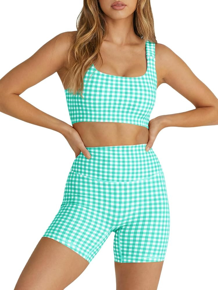 Womens Workout Gingham 2 Piece Outfits Padded Open Back Crop Tank High Waist Sports Shorts Sets Y... | Amazon (US)
