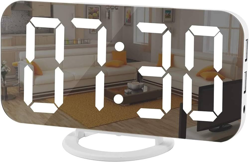 SZELAM Digital Clock Large Display, LED Electric Alarm Clocks Mirror Surface for Makeup with Diming  | Amazon (US)