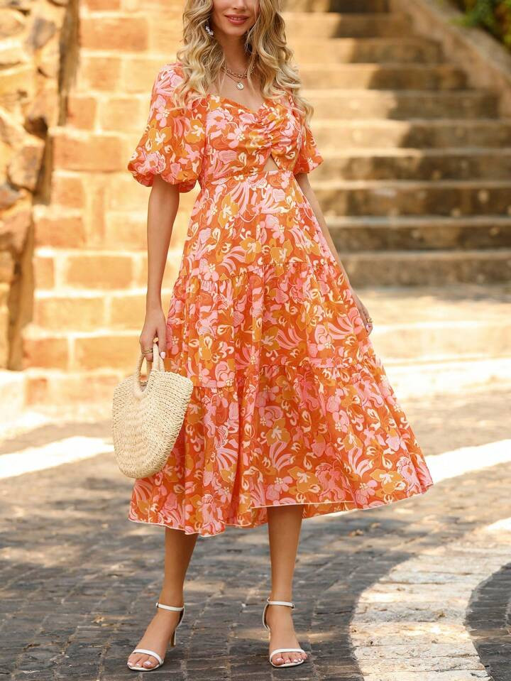 Women Summer Floral Printed Dress Casual Square Neck Puff Short Sleeve Cut Out Smocked Back Flowy Boho Bohemian Beach Holiday Night Out Party Vacation Garden Long Midi Dress | SHEIN