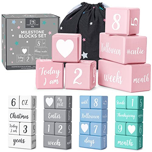 Pink Baby Monthly Milestone Blocks with Bag. Baby Age Blocks for Girl or Boy Baby Photo Props and... | Amazon (US)