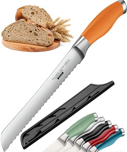 Orblue Serrated Bread Knife with Upgraded Stainless Steel Razor Sharp Wavy Edge Width - Bread Cutter Ideal for Slicing Homemade Bread, Bagels, Cake (8-Inch Blade with 5-Inch Handle) Orange | Amazon (US)