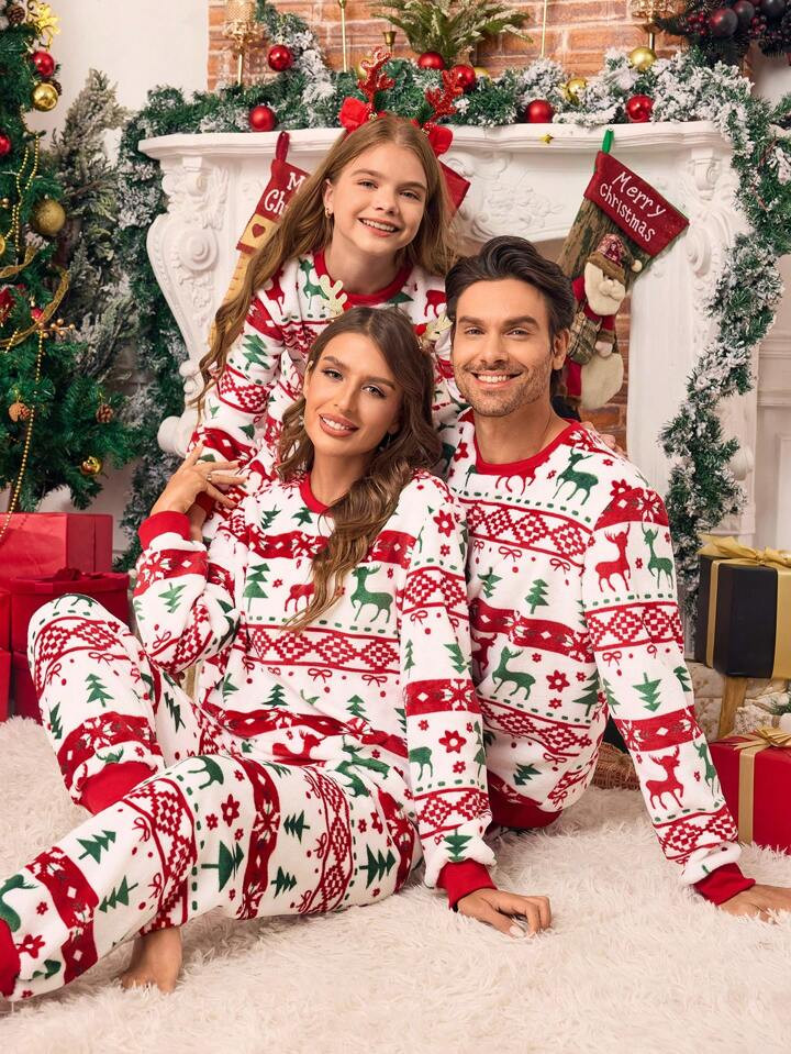 Christmas Themed Fleece Women's Pajamas Set, Long Sleeve Top And Pants 2-Piece Loungewear, Family... | SHEIN