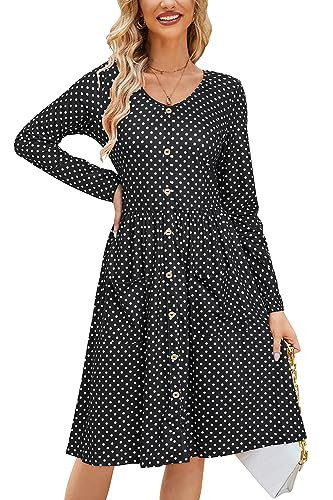 OUGES Women's Long Sleeve V Neck Button Down Polka Dot Dress with Pockets(Black Polka Dot,S) | Amazon (US)