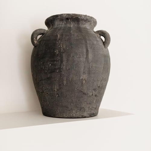 Mulberry Lane Co. Handmade Black Vase - 9.5'' Tall Terracotta Vase, Vintage vase, Black Ceramic vase, Rustic Antique Decor with 3 Ear Design, Wide Mouth, Non-Slip Bottom, Matte Finish for Home Decor | Amazon (US)