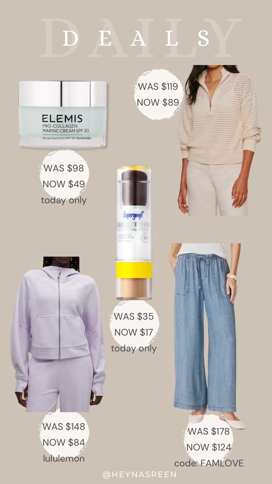 Daily deals on Elemis pro collage marine cream, Sanctuary sweater, Splendid pants, Supergoop powder sunscreen, lululemon hoodie  