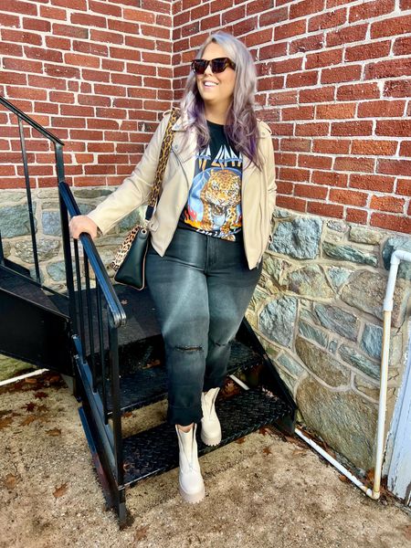 ✨SIZING•PRODUCT INFO✨
⏺ Black Denim Jeans, Straight Leg - wearing a 16 but need an 18 @walmartfashion 
⏺ Wrangler Leopard Shoulder Bag @amazonfashion 
⏺ Def Leppard Graphic Tee •• mine is no longer available from @walmartfashion but linked similar from @amazonfashion 
⏺ Tan Zipper-Front Combat Boots •• mine are no longer available from @maddengirl but linked similar from @amazonfashion 
⏺ Tan Faux Leather Moto Jacket •• mine is no longer available from @walmartfashion but linked similar from @amazonfashion 
⏺ Tortoise Shell Sunglasses •• mine are no longer available from @walmart but linked similar from @amazon 

Jeans, denim, black jeans, black denim, straight leg, hole in the knee, distressed denim, combat boots, zipper boots, tan boots, boots, tan, Moto jacket, faux leather, leather, band tee, graphic tee, Def Leppard, tortoise shell, sunglasses, leopard, guitar strap, shoulder bag, black bag, leopard bag, edgy

#walmart #walmartfashion #walmartstyle walmart finds, walmart outfit, walmart look  #amazon #amazonfind #amazonfinds #founditonamazon #amazonstyle #amazonfashion #edgy #style #fashion #edgystyle #edgyfashion #edgylook #edgyoutfit #edgyoutfitinspo #edgyoutfitinspiration #edgystylelook  #moto #jacket #motojacket #falljacket #winterjacket #springjacket #leatherjacket #fauxleatherjacket #biker #bikerjacket #leatherbiker #leatherbikerjacket #faux #leather #fauxleather #fauxleathermotojacket #leathermotojacket #motojacketlook #motojacketstyle #motojacketoutfit #motojacketoutfitinspo #motojacketoutfitinspiration #graphic #tee #graphictee #graphicteeoutfit #tshirt #graphictshirt #t-shirt #band #bandtee #graphicteelook #graphicteestyle #graphicteefashion #graphicteeoutfitinspo #graphicteeoutfitinspiration 
#under30 #under40 #under50 #under60 #under75 #under100
#affordable #budget #inexpensive #size14 #size16 #size12 #medium #large #extralarge #xl #curvy #midsize #pear #pearshape #pearshaped
budget fashion, affordable fashion, budget style, affordable style, curvy style, curvy fashion, midsize style, midsize fashion

#LTKFindsUnder50 #LTKMidsize #LTKStyleTip

#LTKmidsize #LTKstyletip #LTKfindsunder50