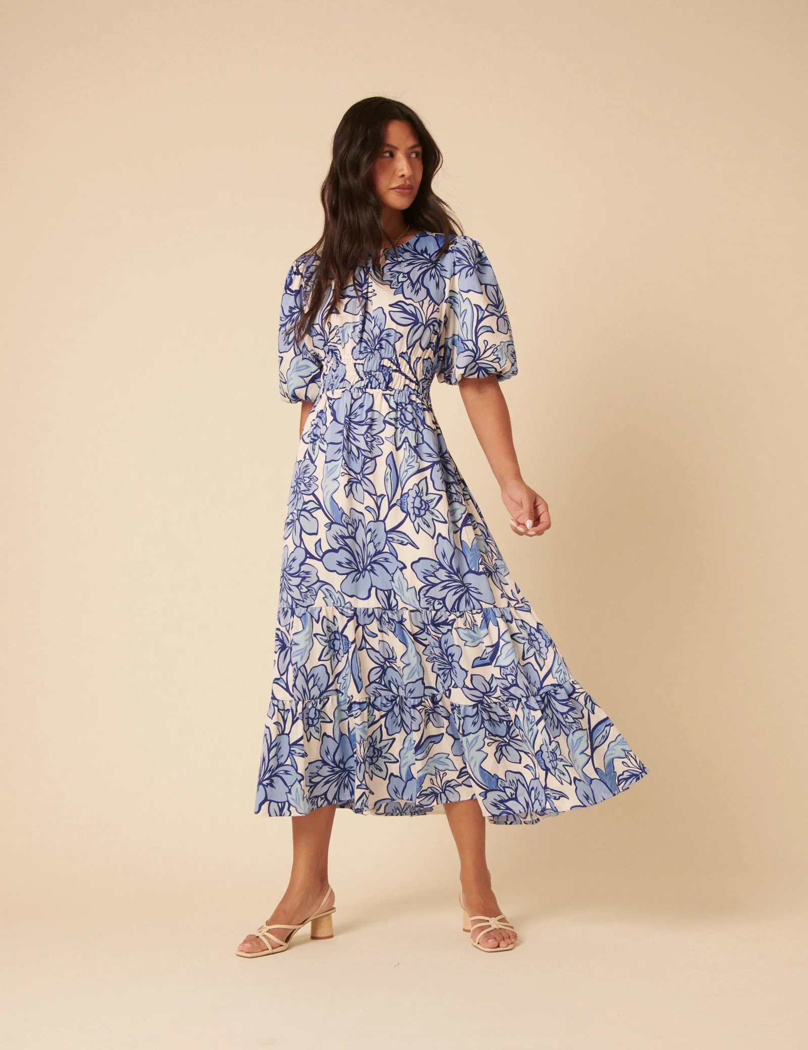 Blue Floral Puff Sleeve Zelda Midi Dress | Nobody's Child