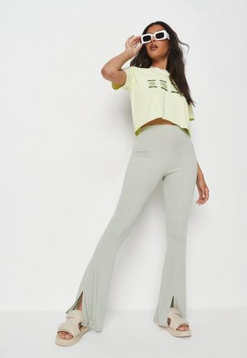Missguided - Sage Rib Split Front Flared Trousers | Missguided (UK & IE)