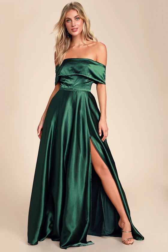 Greatest Hits Forest Green Satin Off-the-Shoulder Maxi Dress | Lulus