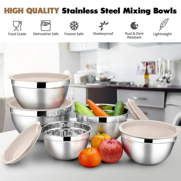 Mixing Bowls with Lids Set of 5, Vesteel Stainless Steel Mixing Bowls Metal Nesting Salad Bowls, ... | Walmart (US)