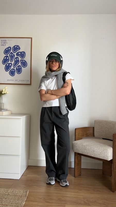 Grey uniqlo wide leg trousers, cos white t shirt, green cap, new balance 2002r 

Trousers - size xs
Tee - size s



#LTKstyletip #LTKeurope
