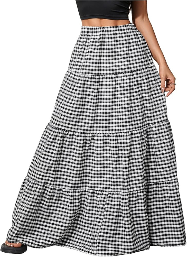 MakeMeChic Women's Plaid Maxi Skirts A Line Ruffle Tiered Layer Y2K Flowy Casual Long Skirts | Amazon (US)