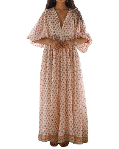 Kfsghdnz Women Summer Boho Maxi Dress 3/4 Sleeve V Neck Tie Front Maternity Dress Cotton Casual A... | Amazon (US)