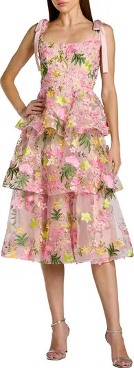 Mac Duggal Bow Strap Floral Embroidered Ruffle Midi Dress | Nordstrom | Nordstrom