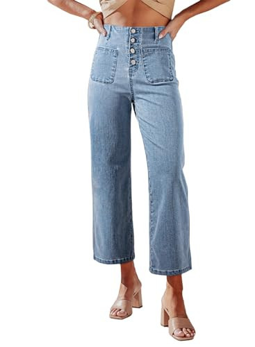 Sidefeel Women's Wide Leg Jeans High Waisted Stretchy Straight Leg Jeans Buttoned Loose Denim Pants with Pocket Sky Blue Size 16 Long | Amazon (US)