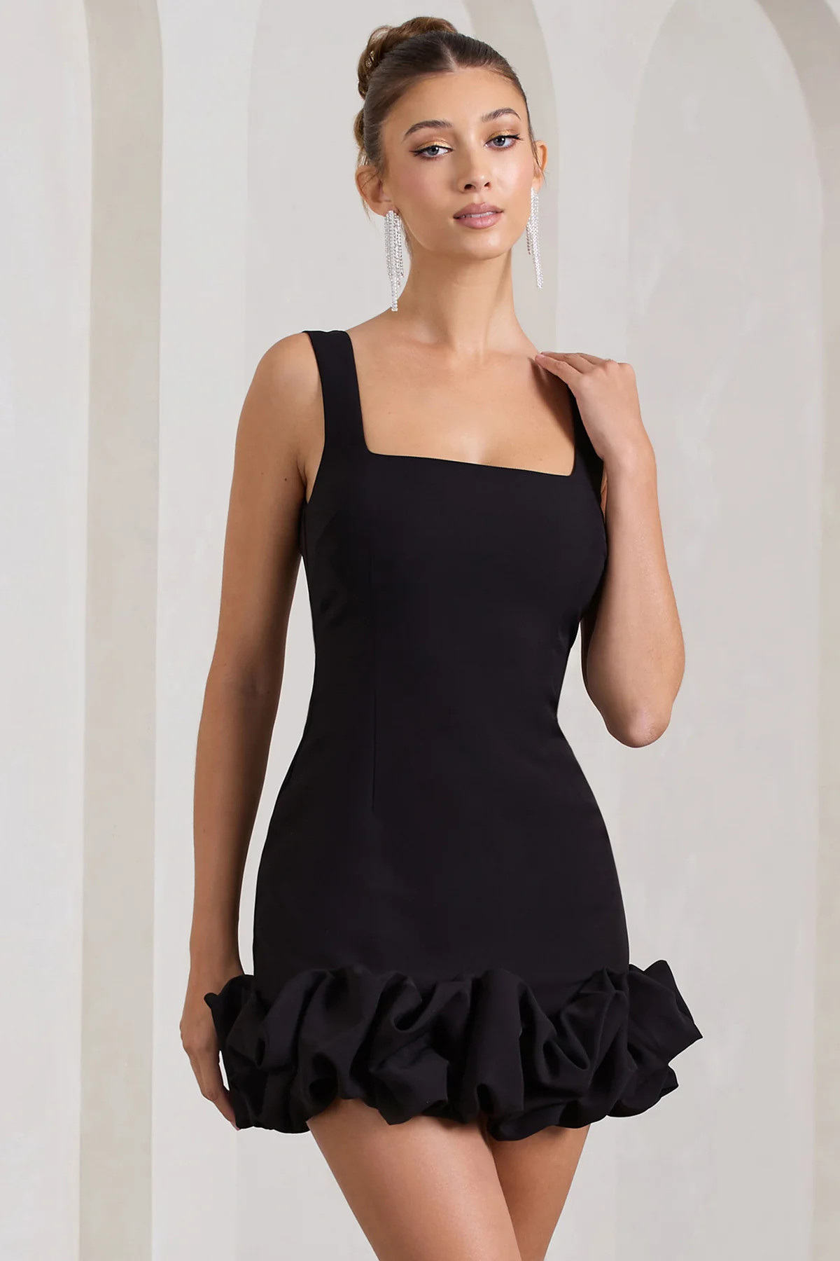Lucy | Black Strappy Mini Dress With Ruffle Trim | Club L London