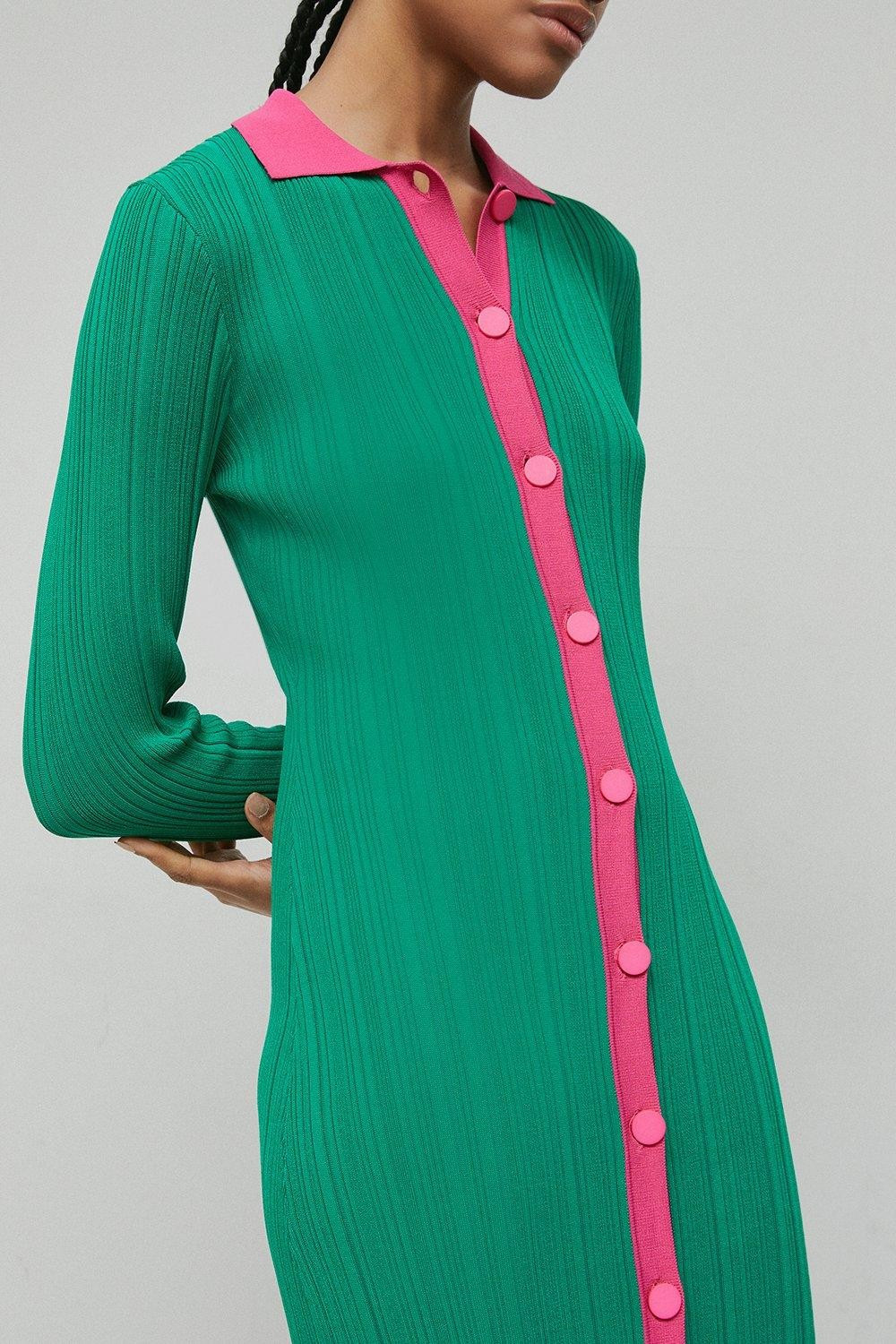 Rib Knit Dress With Contrast Placket | Warehouse UK & IE