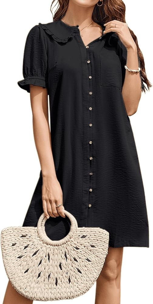 Theenkoln Womens Button Down Mini Dress:Oversized Peter Pan Collar Short Sleeve Flowy Baby Doll D... | Amazon (US)