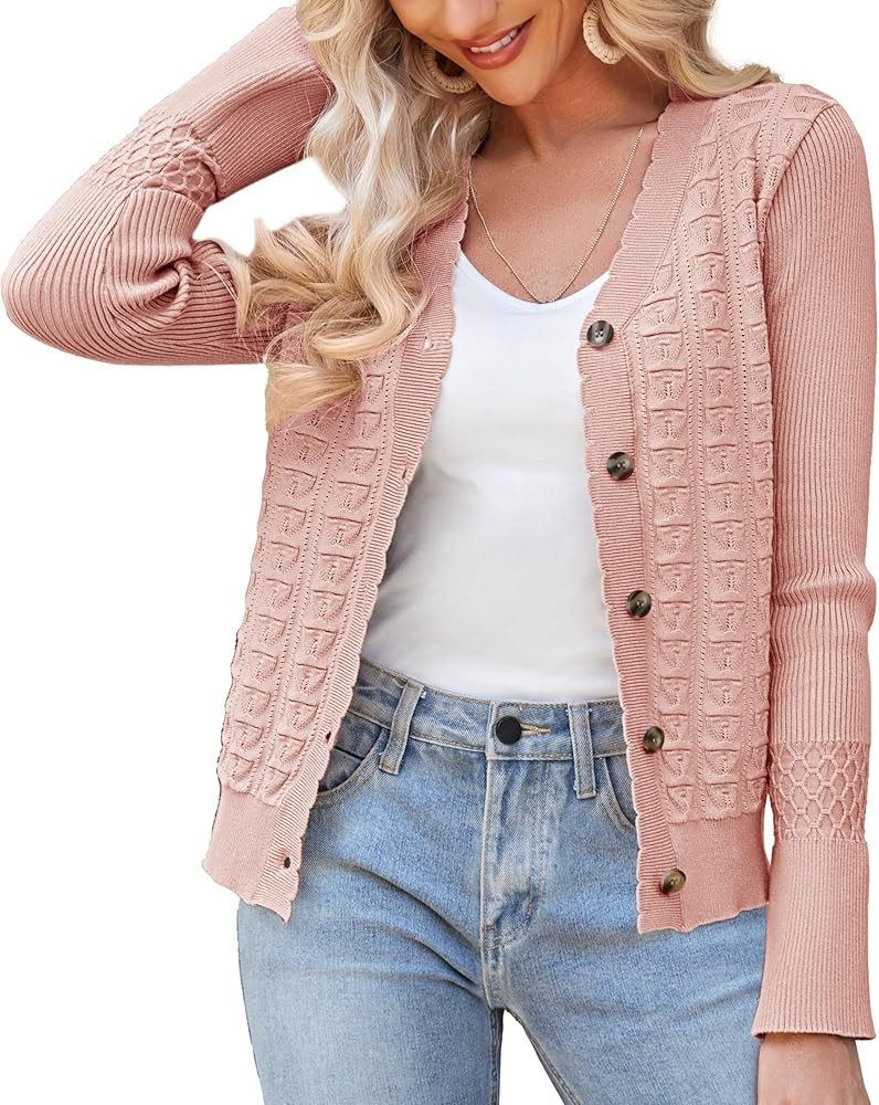 GRACE KARIN Cardigan Sweaters for Women Lightweight 2024 Fall Cropped Cardigan Button Up Crochet ... | Amazon (US)