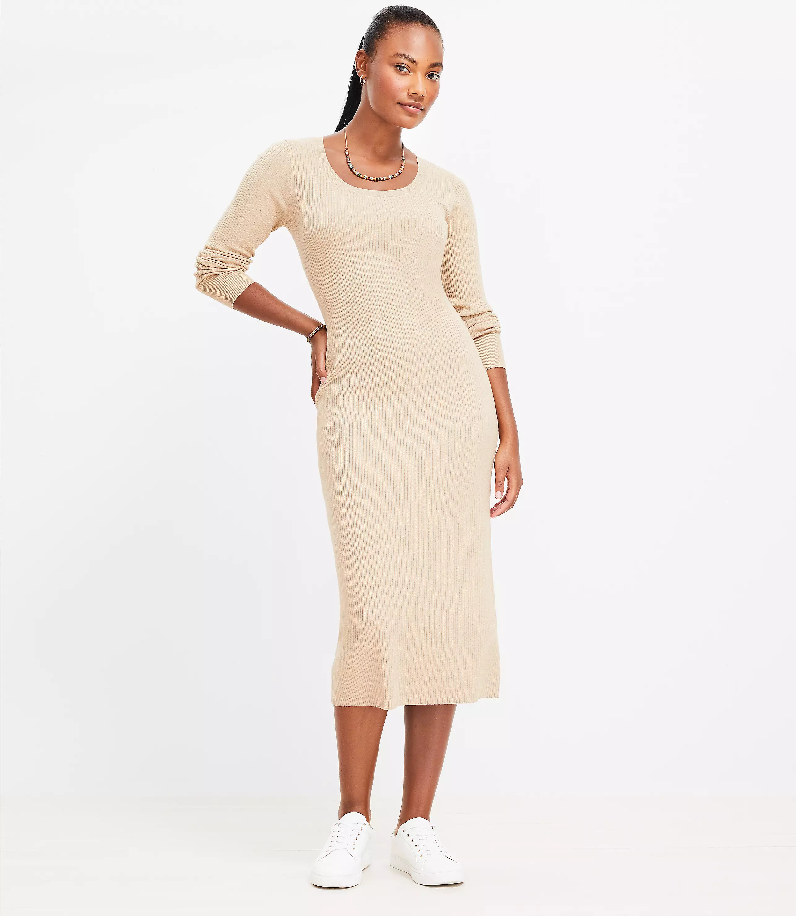 Heathered Ribbed Scoop Neck Midi Dress | LOFT