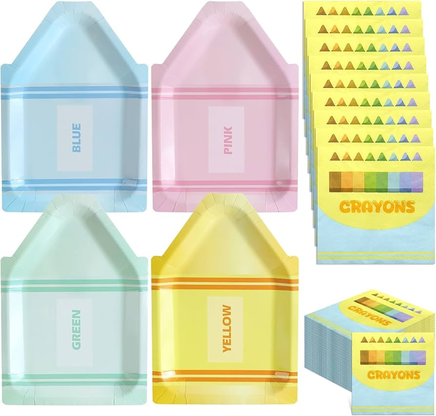 Mumufy 180 Pcs Back to School Pastel Crayon Plates and Napkins Party Supply | Amazon (US)