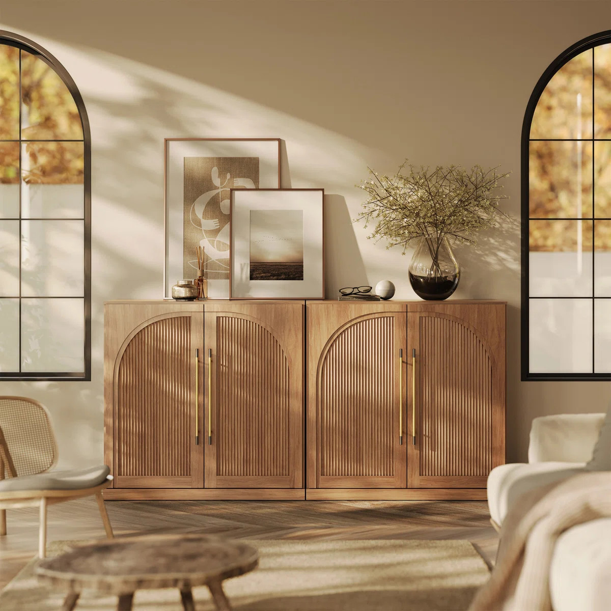 Set of 2 Modular Sideboard with Double-Arc Wood Doors, Camel (Set of 2) | Wayfair North America