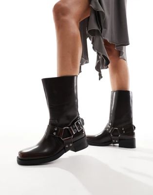 Pull&Bear buckle detail boots in brown | ASOS (Global)